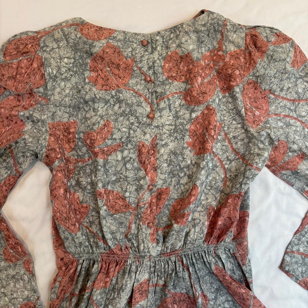 Silk Pink and Gray Floral Print Dress by AP Ltd. VTG 80s Puff Sleeves Retro - Picture 6 of 8